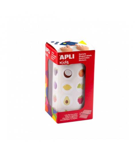 Apli Rollo de Gomets Frutas - Adhesivo Permanente - 900 Gomets - Formas Surtidas - Ideal para Guarderias - Desarrolla Psicomotri