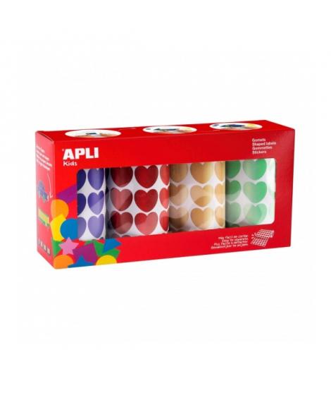 Apli Pack de 4 Rollos de Gomets en Forma de Corazones - Ideal para Guarderias - Fomenta Psicomotricidad Fina y Creatividad - 5.6