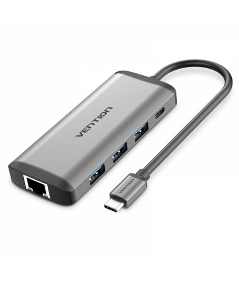 Vention Docking Station 7 en 1 USB-C a HDMI 4K/3xUSB3.0/RJ45/Lector SD/TF/PD87W - 0.15m - Color Gris