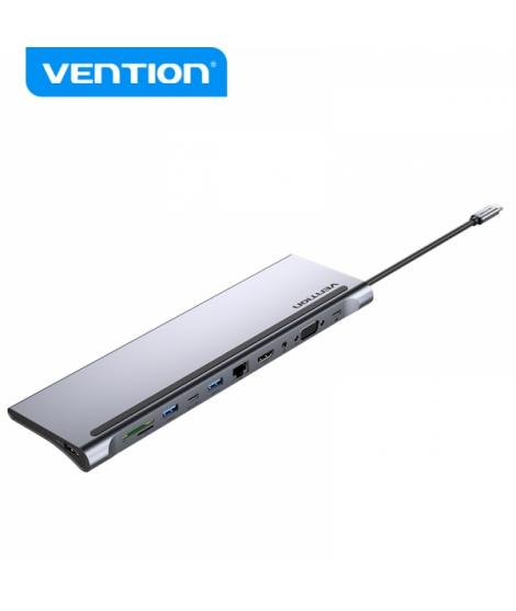 Vention Docking Station 11 en 1 USB-C a HDMI/VGA/USB-C/USB 3.0x2/USB2.0/RJ45/SD/TF/Audio Jack/PD100W - 0.25m - Color Gris Metali