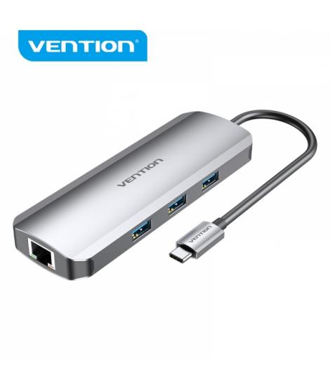 Vention Docking Station 9 en 1 USB-C a HDMI 4K/3xUSB3.0/RJ45/Lector SD/MicroSD/Jack Audio/PD100W - 0.15m - Color Gris