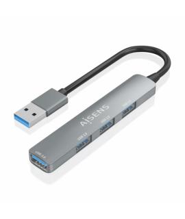 Aisens Hub USB Ultra Delgado de Aluminio - 1xUSB3.0 + 3xUSB2.0 - Alta Velocidad 5 Gbps - Alimentacion por Bus USB - Color Gris