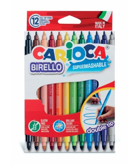 Carioca Birello Pack de 12 Rotuladores - Doble Punta Fina y Media - Tinta Superlavable No Toxica - Lavable de la Piel y Tejidos 