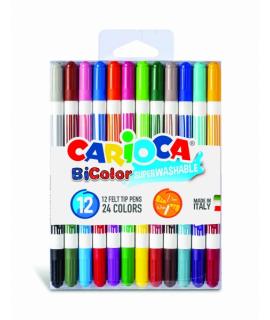 Carioca Bicolor Pack de 12 Rotuladores - Dos Colores por Rotulador - Tinta Superlavable - Punta Conica para Doble Trato de Escri