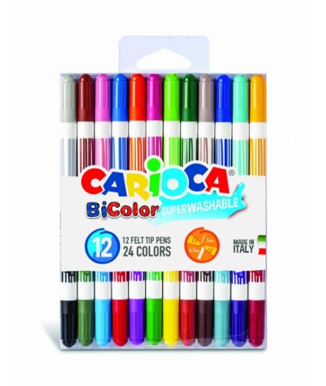 Carioca Bicolor Pack de 12 Rotuladores - Dos Colores por Rotulador - Tinta Superlavable - Punta Conica para Doble Trato de Escri