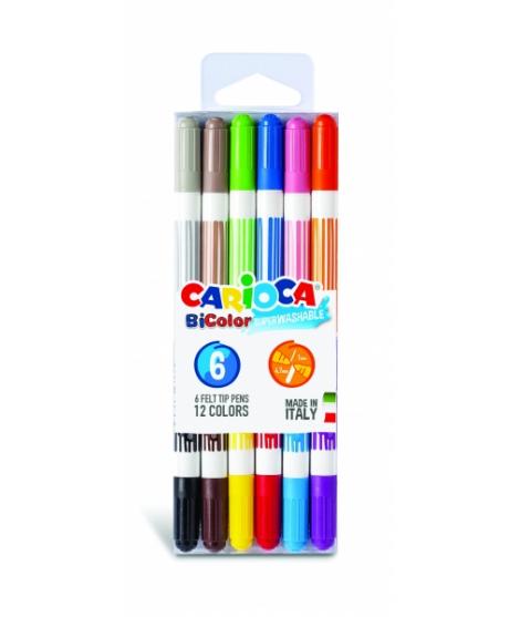 Carioca Bicolor Pack de 6 Rotuladores - Dos Colores por Rotulador - Tinta Superlavable - Punta Conica para Doble Trato de Escrit