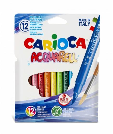 Carioca Acquarell Pack de 12 Rotuladores Acuarelables - Punta Pincel Bloqueada - Tinta Lavable - Colores Difuminables con Agua y