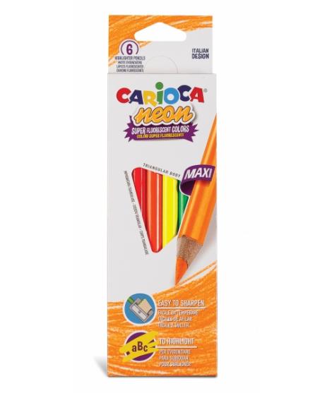 Carioca Pack de 6 Lapices Triangulares Maxi Neon - Colores Fluorescentes - Escritura Blanda - Aptos para Subrayar y Resaltar - F