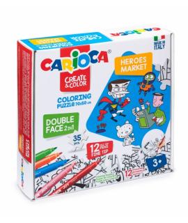 Carioca Coloring Puzzle Super Heroes & Market Pack de 35 Piezas a Doble Cara para Colorear - Incluye 12 Rotuladores Superlavable