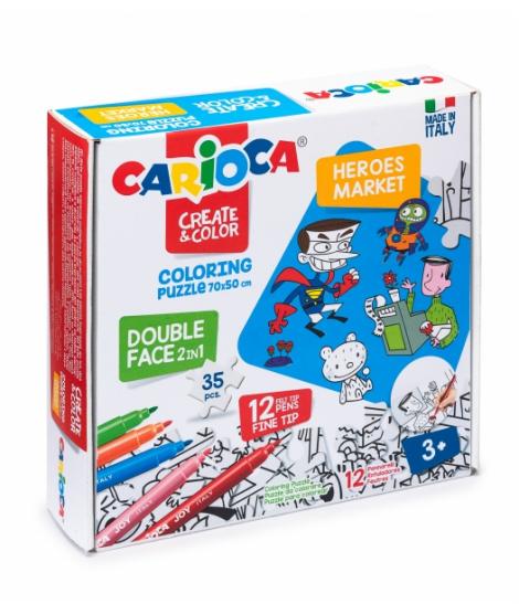 Carioca Coloring Puzzle Super Heroes & Market Pack de 35 Piezas a Doble Cara para Colorear - Incluye 12 Rotuladores Superlavable