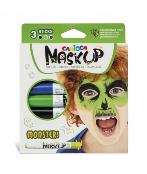 Carioca Mask Up Pack de 3 Colores para la Piel en Barra Monsters - Colores Brillantes - Lavables y Base Agua - Incluye Dos Tutor