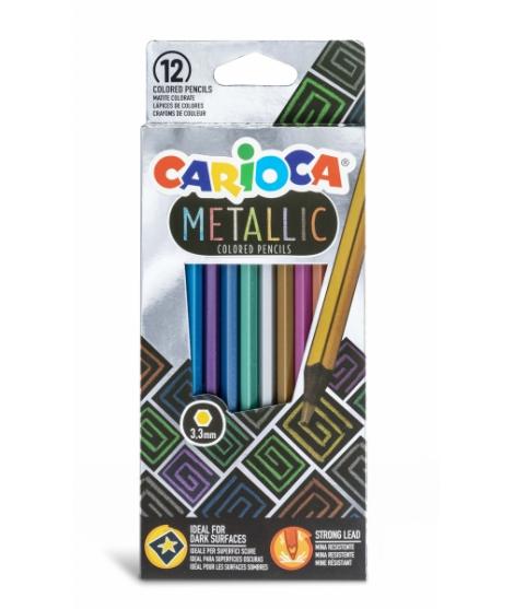 Carioca Metallic Pack de 12 Lapices Hexagonales Metalicos - Colores Cubrientes - Ideales para Superficies Oscuras - Mina Premium