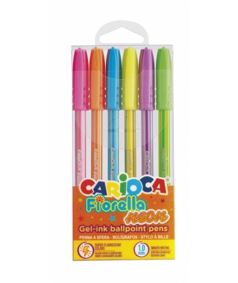 Carioca Fiorella Pack de 6 Boligrafos de Colores Neon - Boligrafo con Punta de Esfera y Cuerpo Transparente Fluo - Escritura Bri