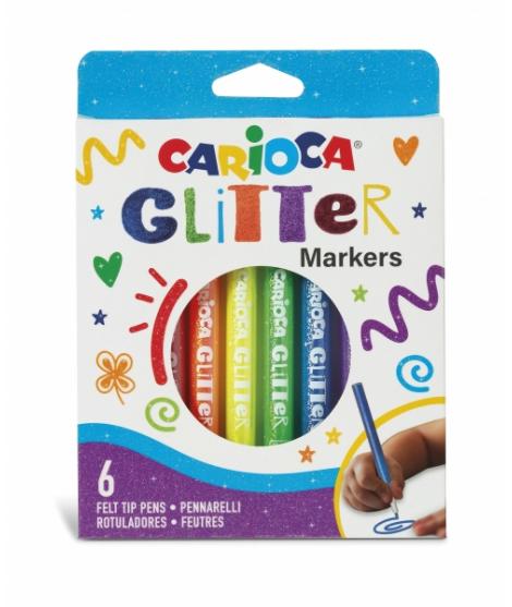 Carioca Glitter Caja 6 Rotuladores - Punta Ø 1mm - Tinta Liquida a Base de Agua - Punta de Alta Calidad - Efecto Glitter - Resis