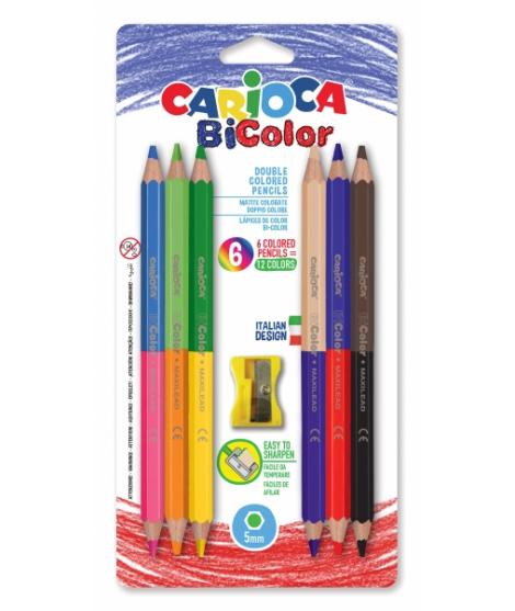 Carioca Jumbo Pack de 6 Lapices Bicolor Hexagonales Lacados - Maxi Mina de Ø 5mm - Alta Resistencia a la Rotura - Sacapuntas Inc