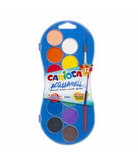 Carioca Acuarela Pack de 12 Colores en Pastilla - Brillantes - Facilmente Mezclables - Ø 30mm - Color Varios