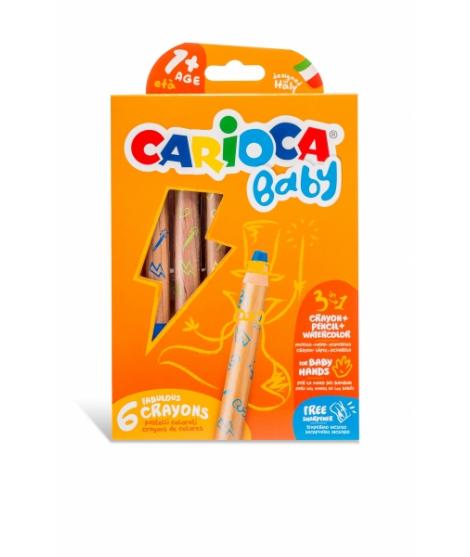 Carioca Baby 1+ 3In1 Pack de 6 Lapices - Lapiz Cera y Acuarela en Uno - Cuerpo Extragrande - Acuarelables - Sacapuntas Incluido 