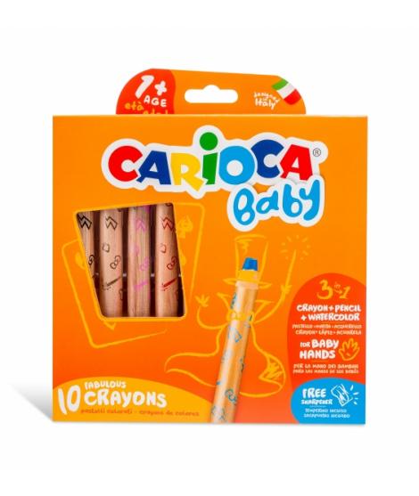 Carioca Baby 1+ 3In1 Pack de 10 Lapices - Lapiz, Cera y Acuarela en Uno - Cuerpo Extragrande Facil de Agarrar - Acuarelables con