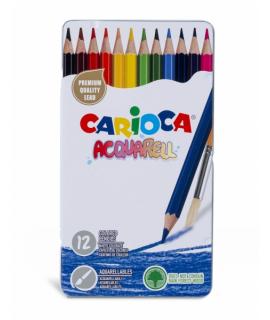 Carioca Acquarell Pack de 12 Lapices Acuarelables - Caja de Metal - Efecto Acuarela con Agua y Pincel - Colores Intensos y Brill