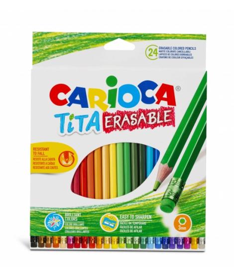 Carioca Tita Pack de 24 Lapices Borrables de Resina - Cuerpo Hexagonal - Colores Brillantes y Lavables - Escritura Blanda - Mina