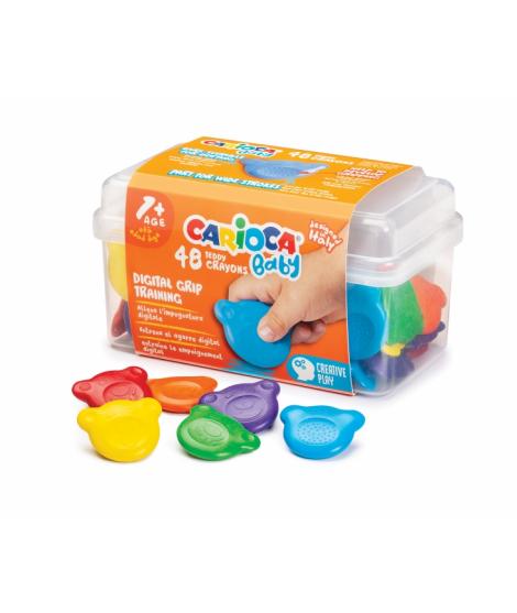 Carioca Baby Teddy Crayons Pack de 48 Ceras - Maletin de Plastico - Certificadas a Partir de 12 Meses - Diseñadas para Entrenar 