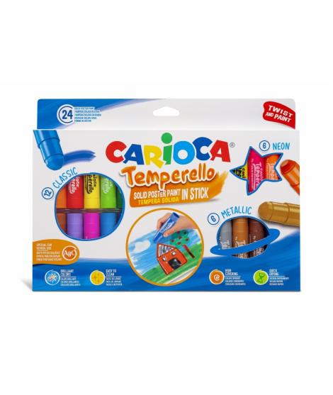 Carioca Temperello Pack de 24 Temperas Solidas - Colores Brillantes y Lavables - Gran Cobertura - Faciles de Mezclar - sin Disol