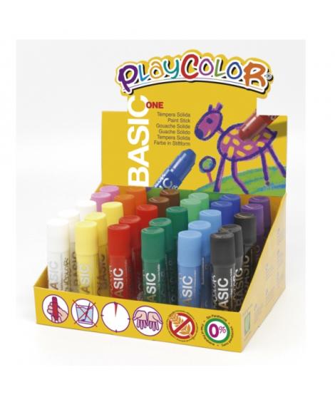 PlayColor Basic One Expositor de 30 Temperas Solidas - No Arrugan el Papel - No Necesitan Agua - Especial para Uso Escolar - Col