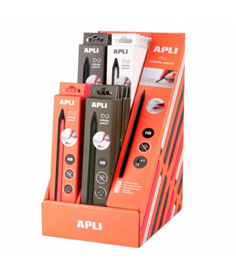 Apli Infinite Pencil Expositor con 20 Packs de Lapiz Infinito HB + Mina de Recambio + Tapon Protector - Para Escribir hasta 16km