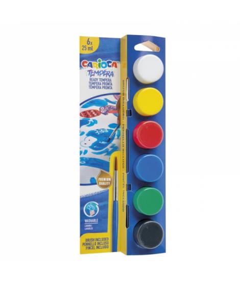 Carioca Pack de 6 Temperas en Botes - 25 ml - Pincel Incluido - Superlavables - Mezclable - Colores Surtidos