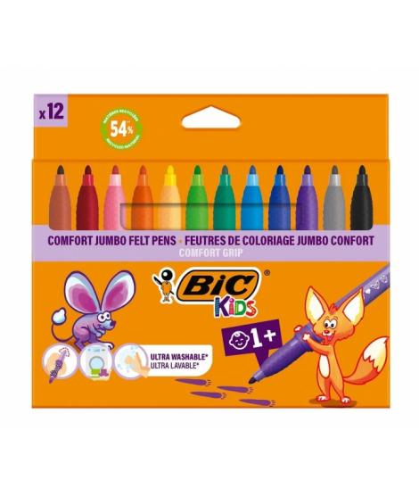 BIC Kids Comfort Jumbo Pack de 12 Rotuladores con Tinta Lavable - Facil de Limpiar - Agarre Antideslizante - Colores Surtidos