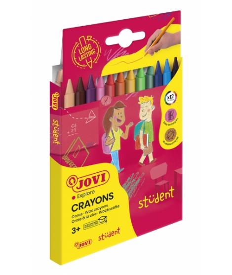 Jovi Crayons Student Estuche de 12 Ceras Plasticas - Resistentes - No Manchan - Agradables de Rayar - Acabado Brillante - Gran D