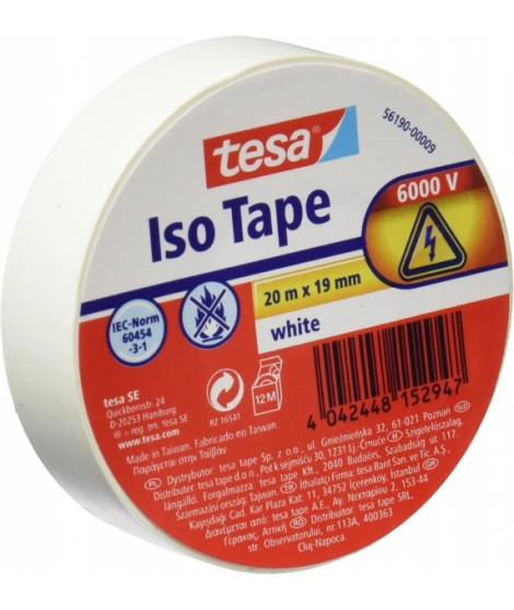 Tesa Cinta Aislante 19mm x 20m - Fabricada en PVC - Para Reparar, Aislar y Agrupar todo tipo de Cables Electricos - Color Blanco