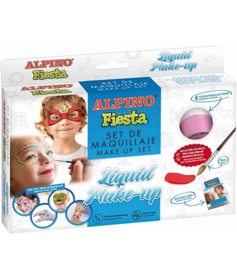 Alpino Fiesta Pack de 8 Botes de Maquillaje Liquido de Diferentes Colores + Pincel + Guia de Ideas - Se Lava con Agua - Testado 