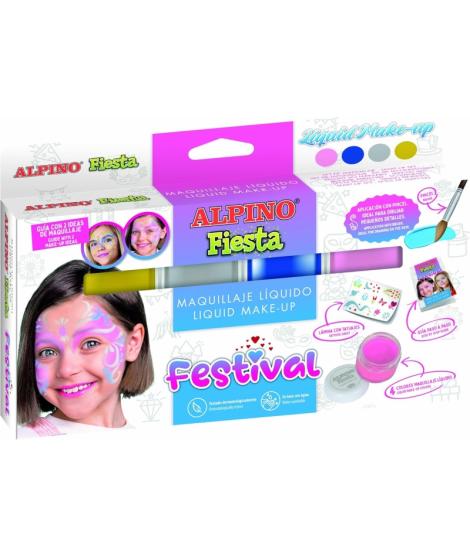 Alpino Fiesta Festival Pack de 4 Botes de Maquillaje Liquido de Diferentes Colores + Pincel + Guia de Ideas - Se Lava con Agua -