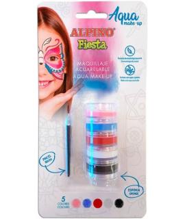 Alpino Fiesta Aqua Make-up Pack Torre de Maquillaje Facial Acuarelable con 5 Colores Diferentes + Pincel + Esponja - Se Lava con