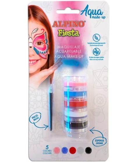 Alpino Fiesta Aqua Make-up Pack Torre de Maquillaje Facial Acuarelable con 5 Colores Diferentes + Pincel + Esponja - Se Lava con