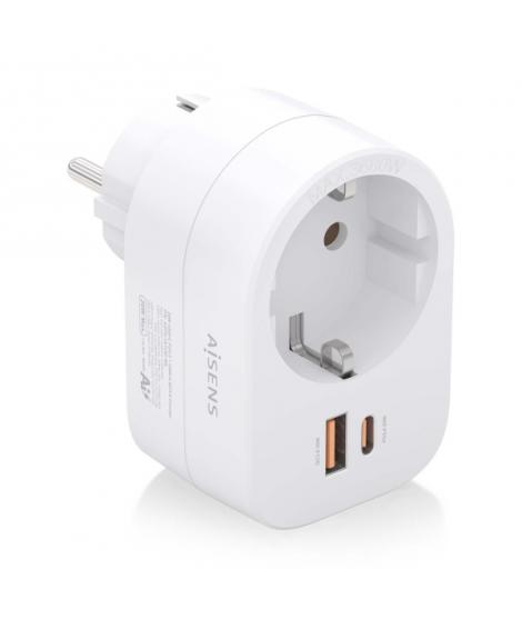 Aisens Regleta de Pared Multifuncion con 1 Toma + 1xUSB-C 20W PD3.0 - 1xUSB-A 20W QC3.0 - Color Blanco