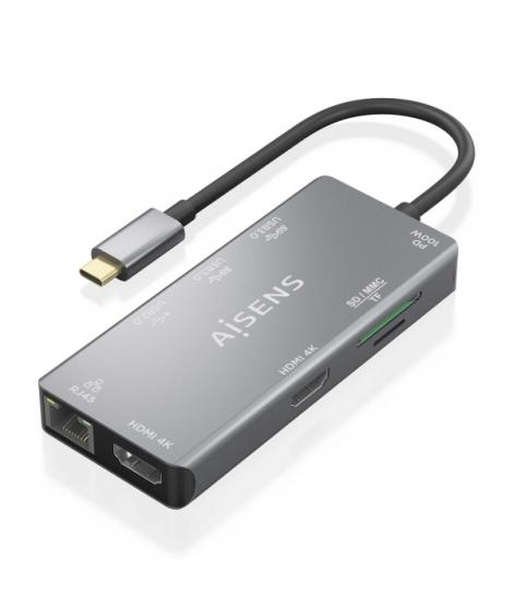 Aisens USB-C Dock 9 en 1 - USB-C a 2xHDMI - 1xRJ45 - 2xUSB-A USB3.0 - 1xUSB-A USB2.0 - 1xUSB-C PD - 1xSD - 1xMicro SD - 15cm - C