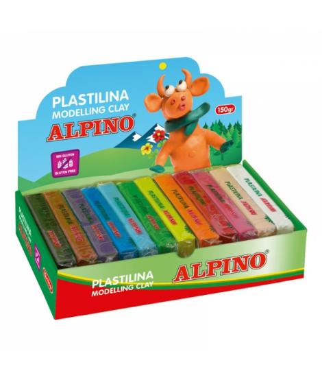 Alpino Expositor de 12 Pastillas de Plastilina 150gr - Muy Flexible - Pueden Mezclarse - Sin Gluten - Colores Surtidos