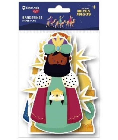 Bismark Pack de Banderines Colgantes de Papel Reyes Magos - Reyes, Estrellas y Cofres - No Incluye la Cuerda