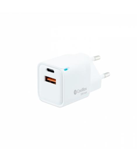 Coolbox Cargador de Pared GaN 20W USB-C/USB-A Carga Rapida - Compacto - Dual USB - Eficiencia Energetica - Color Blanco