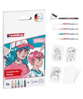 Edding Set Acrilico Manga Pack de 4 Rotuladores 5300 + 1 Rotulador 1800 + 6 Tarjetas en Blanco + 3 Plantillas + 1 Folleto con In