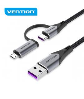 Vention Cable USB-A 2.0 a 2-en-1 USB-C&Micro-B Algodon Trenzado - 5A - Apantallado - 0.48Gbps - Color Gris