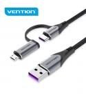 Vention Cable USB-A 2.0 a 2-en-1 USB-C&Micro-B Algodon Trenzado - 5A - Apantallado - 0.48Gbps - Color Gris