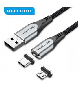 Vention CQMHD Cable USB-A 2.0 a Micro-B y USB-C Magnetico - Conectores Intercambiables - Transferencia 480 Mb/s - Color Gris