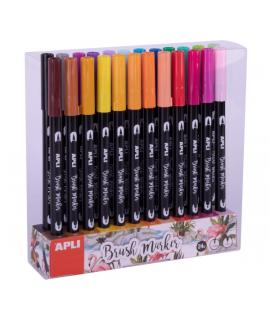 Apli Brush Marker Pack de 24 Rotuladores Acuarelables de Doble Punta - Punta Pincel de 1-4mm y Punta Redonda de 1mm - Tinta Base