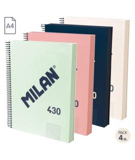 Milan Serie 1918 Pack de 4 Cuadernos Espiral Formato A4 Cuadricula 5x5mm - 120 Hojas de 95 gr/m2 - Microperforado, 4 Taladros - 