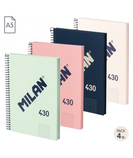 Milan Serie 1918 Pack de 4 Cuadernos Espiral Formato A5 Cuadricula 5x5mm - 80 Hojas de 95 gr/m2 - Microperforado, 2 Taladros - C