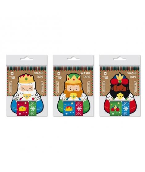 Bismark Pack de 2 Rollos de Cinta Washi-Tape Navideña para Regalos - Tematica Reyes Magos - Medidas 20mmx3m y 30mmx3m - 3 Diseño