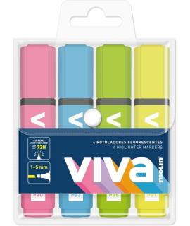 Molin Viva Pack de 4 Marcadores Fluorescentes - Trazo entre 1 y 5mm - Tinta con Base de Agua - Colores Surtidos